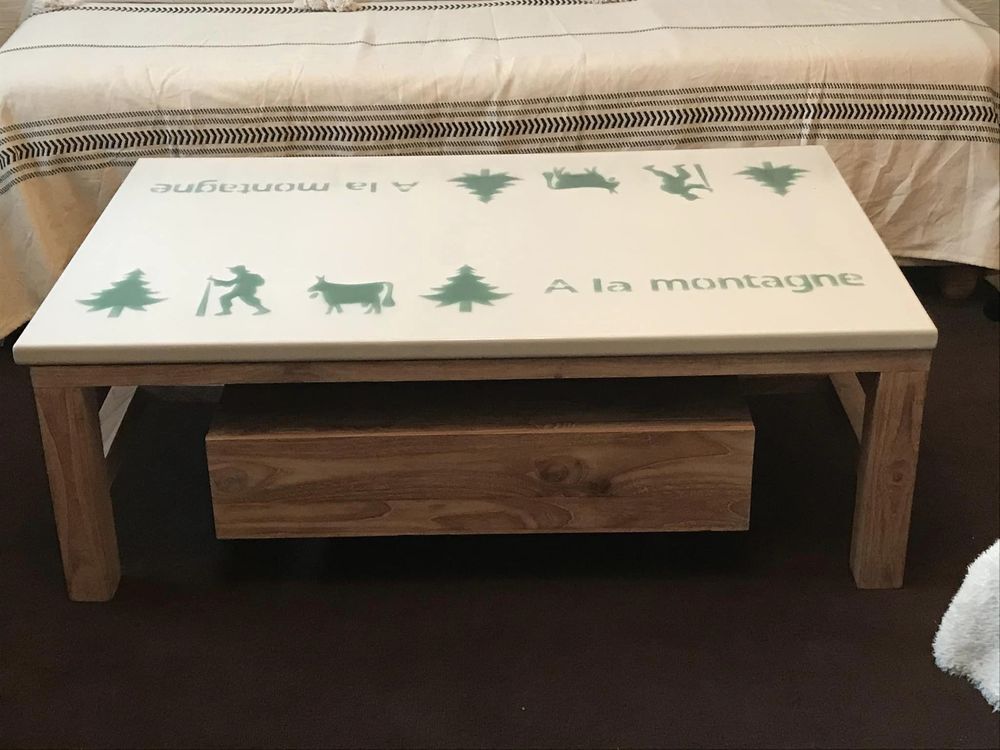 Table basse teck plan pierre de lave &eacute;maill&eacute;e Meubles