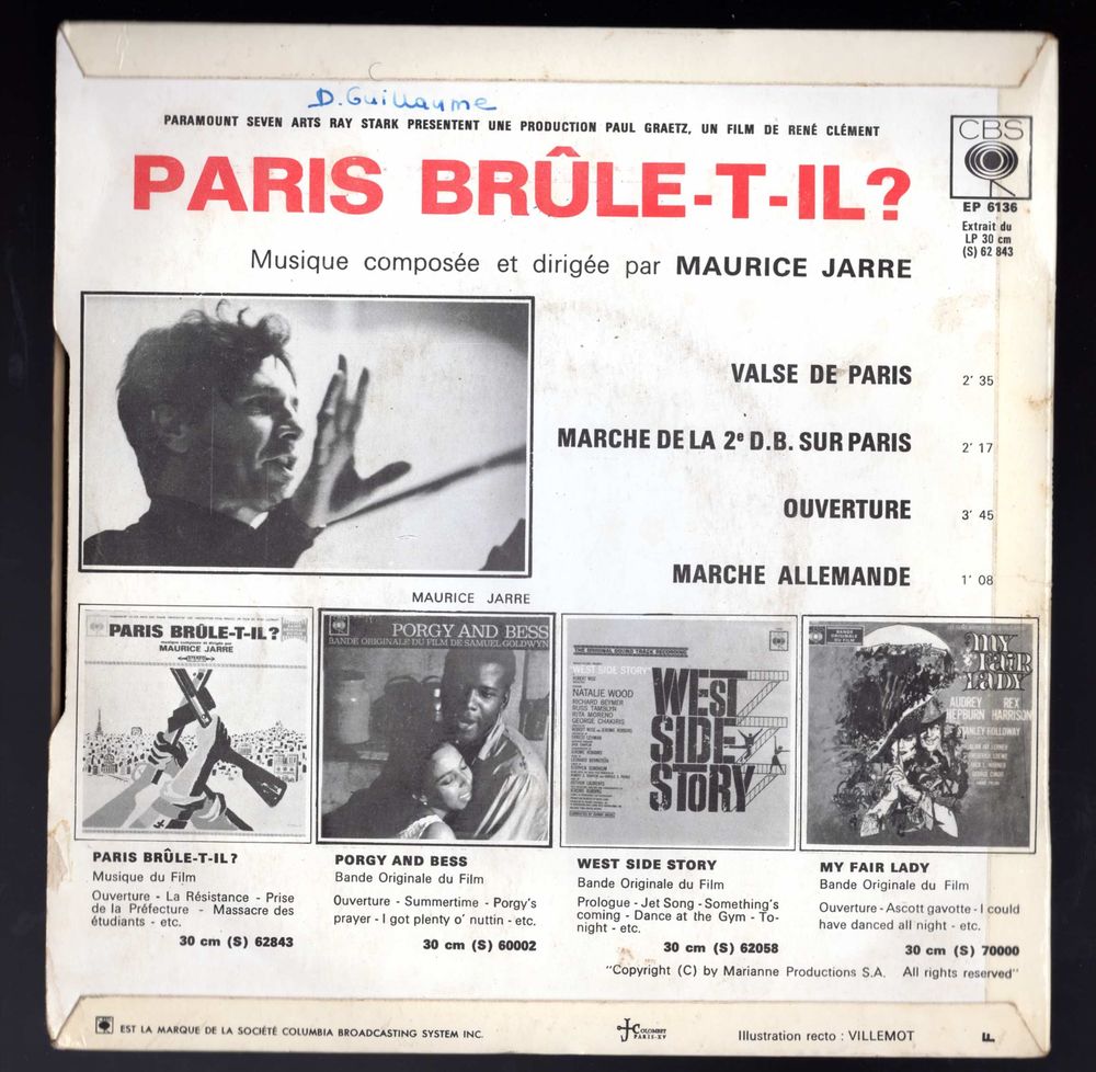 B.O. Paris br&ucirc;le-t-il ? - Maurice JARRE - CBS EP 6136 - 1966 CD et vinyles