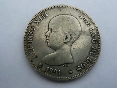 Pièce 5 Pesetas 1891 en Argent 50 Bordeaux (33)
