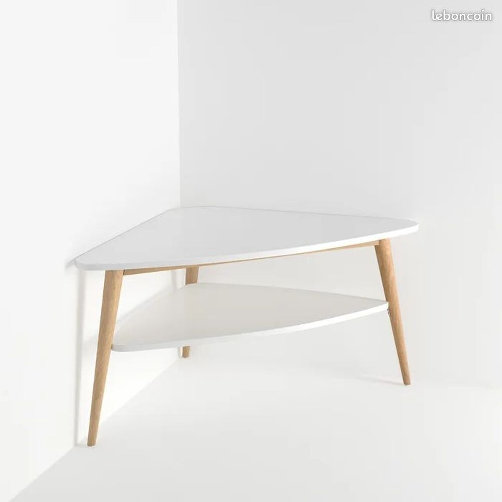 Meuble TV d'angle vintage double plateau blanc laqu&eacute; et bois Meubles