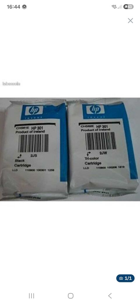 2 Cartouches imprimante hp301 Noir&couleur 34 Lille (59)
