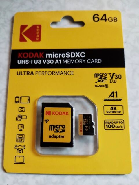   carte micro SD neuve 64 Go Kodak ultra performante U3 V30 class 10 
