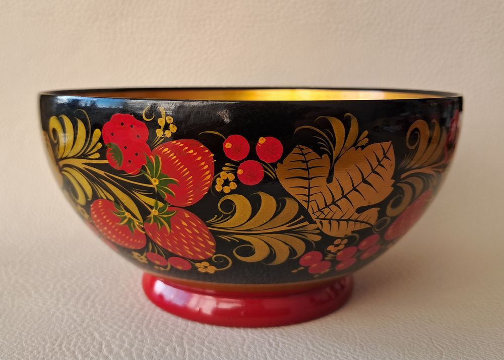 bol et cuill&egrave;re d&eacute;coratif en bois laqu&eacute; Khokhloma URSS Décoration