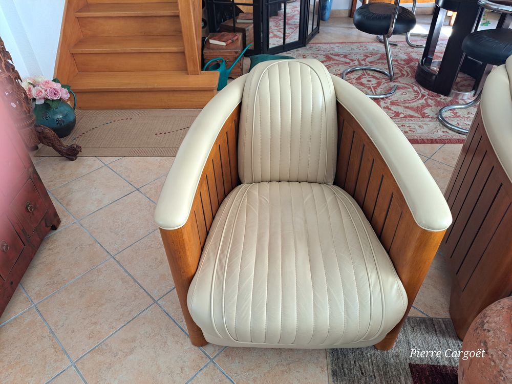 fauteuil vintage "cano&euml; " cuir et bois Meubles