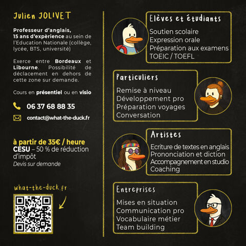 Cours d'anglais ? Professeur dipl&ocirc;m&eacute; 15 ans d'exp&eacute;rience ? E 0 33750 Camarsac