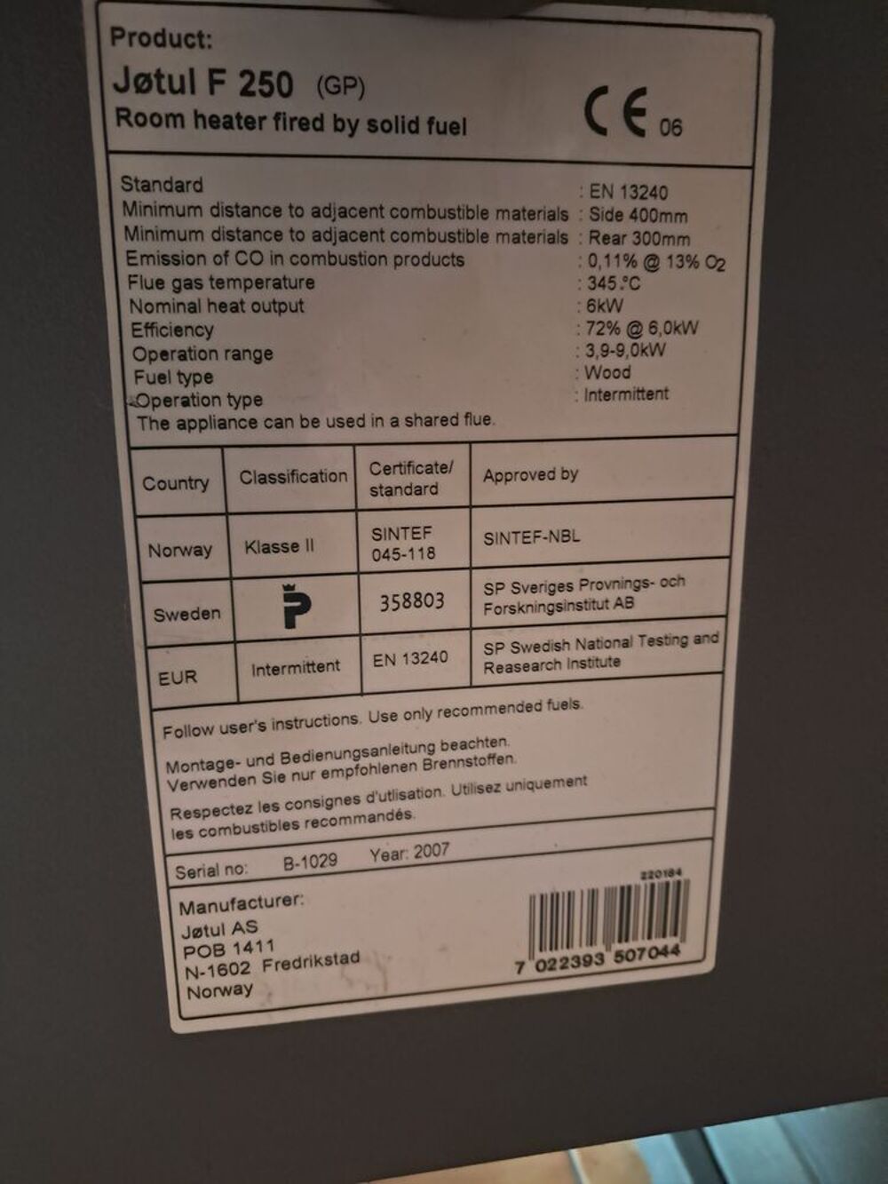 Po&ecirc;le a bois Jotul F 250 Bricolage