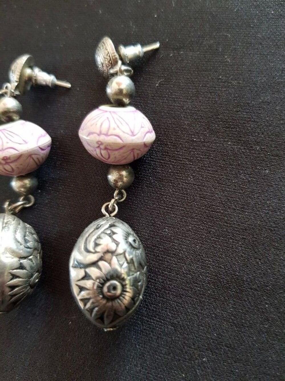 Boucle d oreille perle lilas et argent&eacute; neuf 6 cm 2 e Bijoux et montres