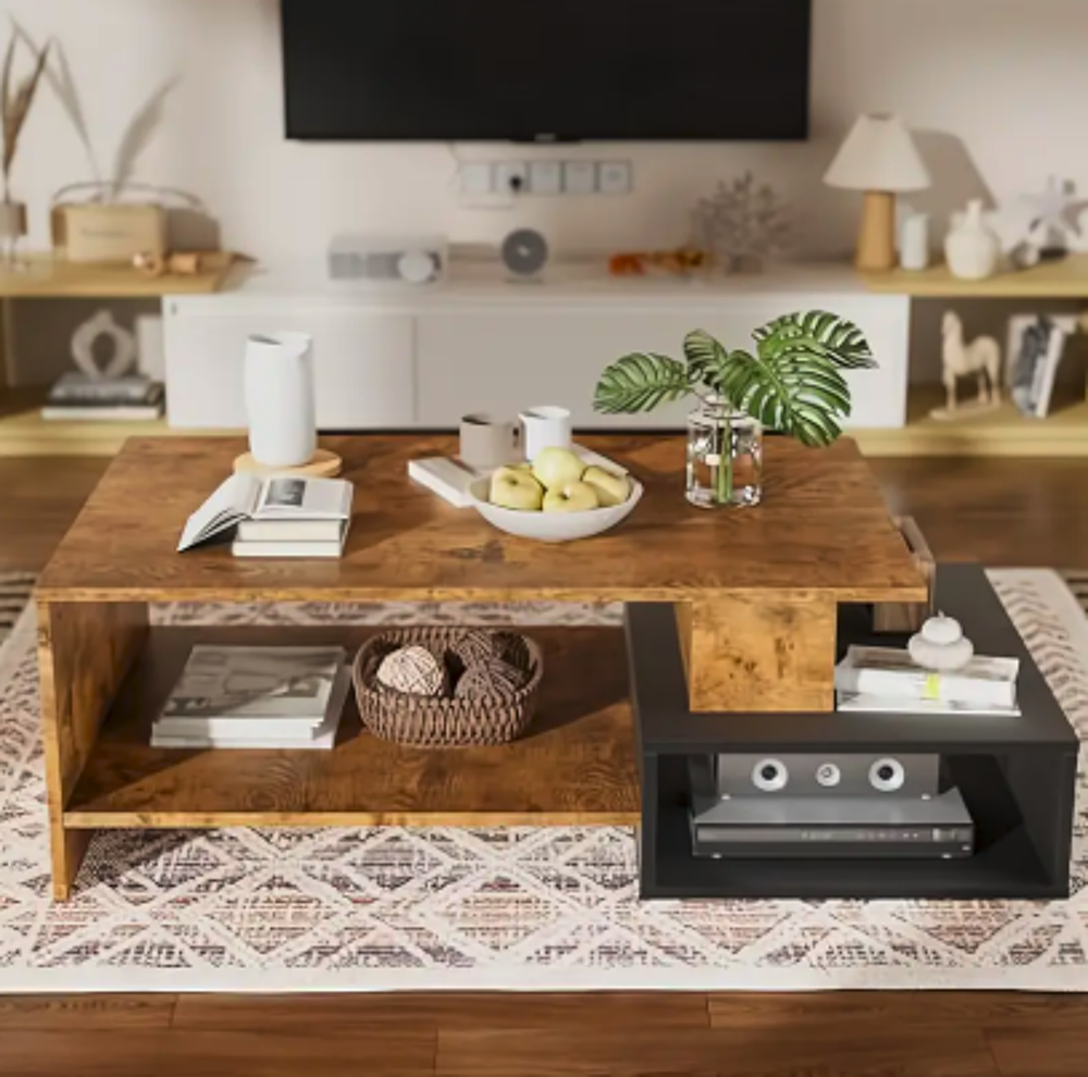 Table basse bois &amp; noir ? design moderne, rangement int&eacute;gr&eacute;, Meubles