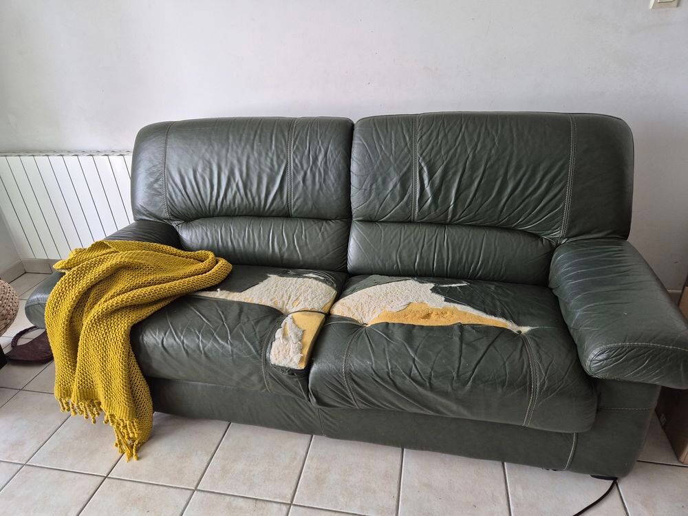 Fauteuil en cuir vert en tr&egrave;s bon &eacute;tat &agrave; part l'assise Meubles
