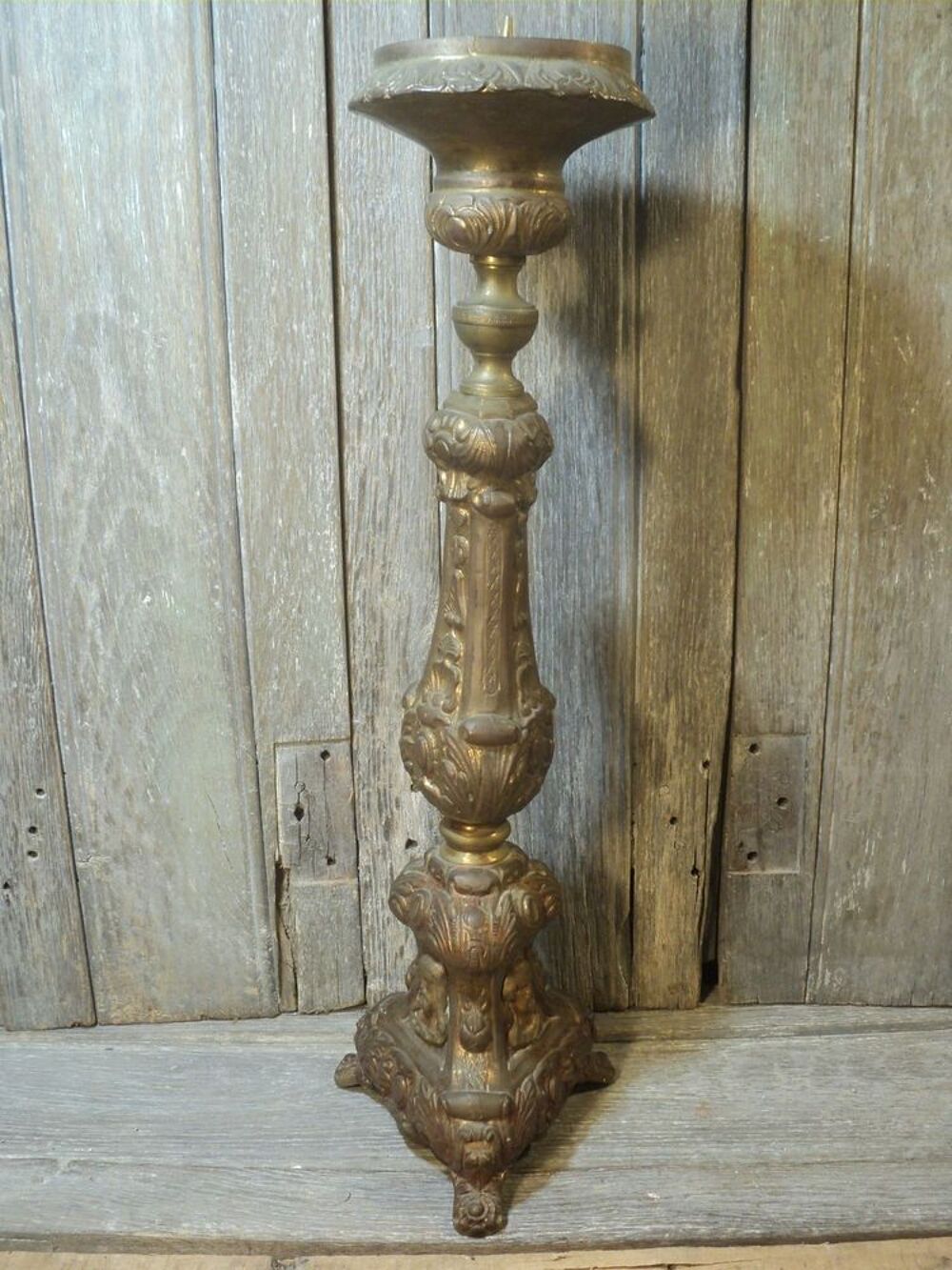 Ancien Grand Chandelier Pique-Cierge Laiton Bougeoir Décoration