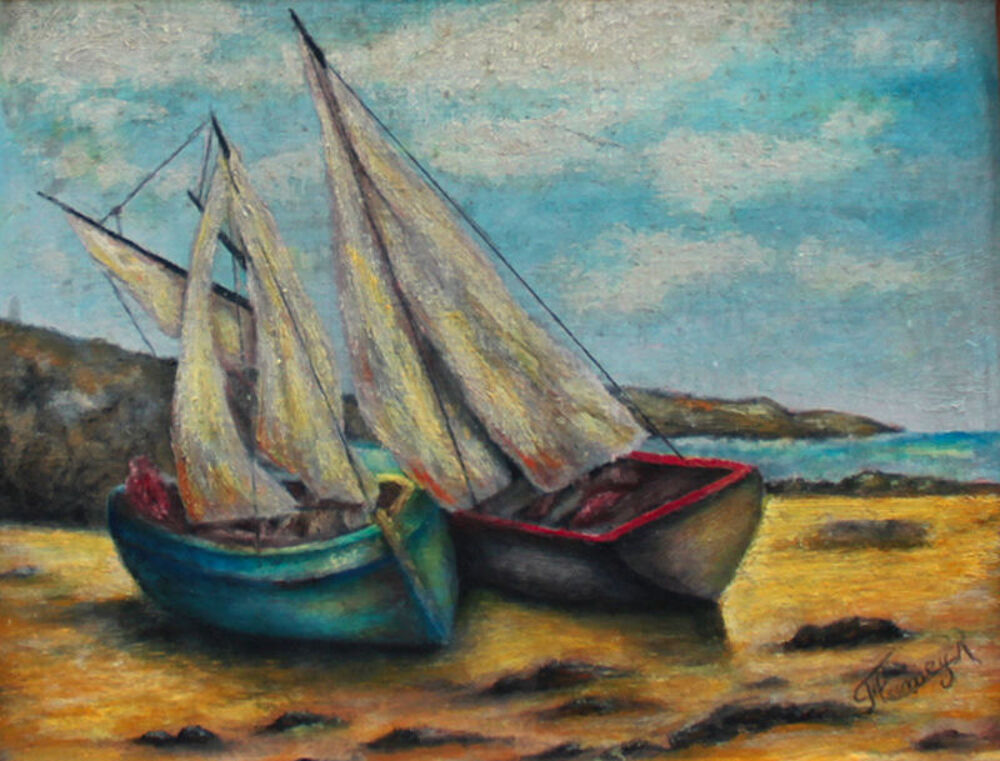 ANCIEN TABLEAU PEINTURE MARINE VOILIERS BARQUES POINTUS Décoration