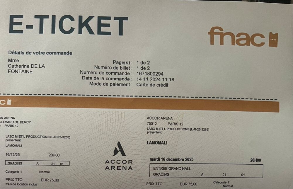 2 billets de concert M/LAMOMALI &agrave; l'ACCOR ARENA Paris Billetterie