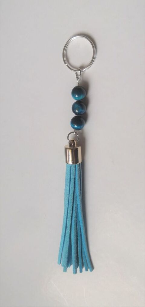 Porte clé Grand pompon cuir bleu et perles oeil de Faucon 6 La Seyne-sur-Mer (83)