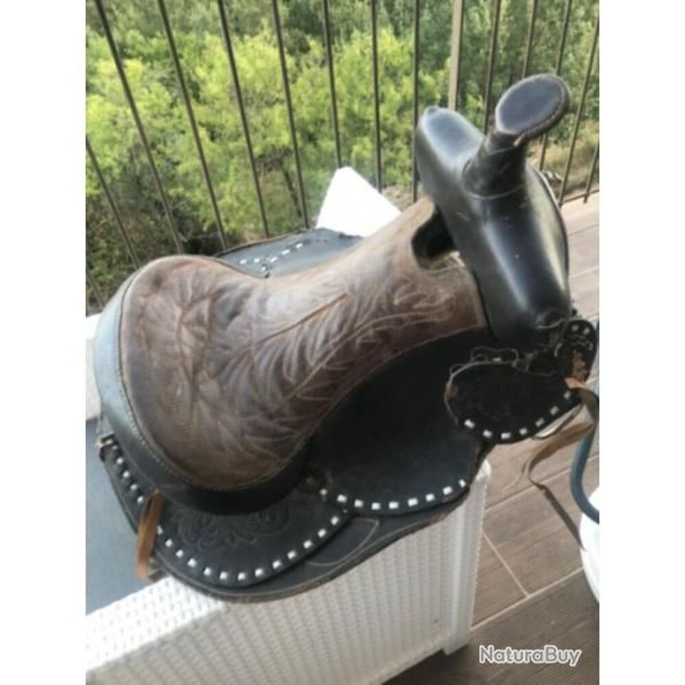   Vintage - selle western en cuir pour cheval - sans arons 