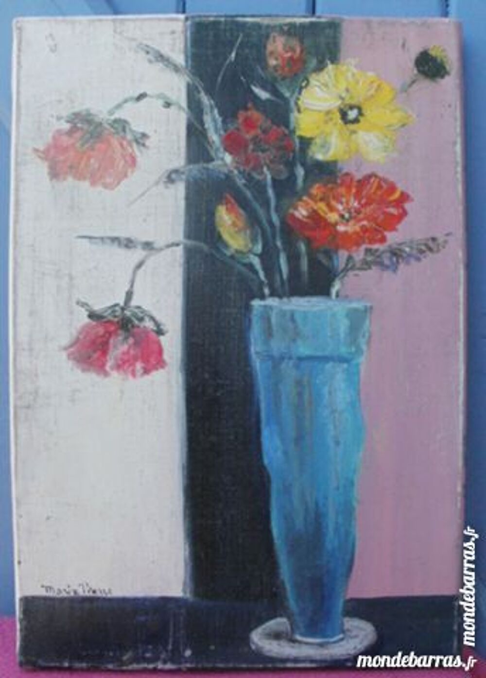 Huile sur toile sign&eacute;e, fleurs dans un vase bleu Décoration