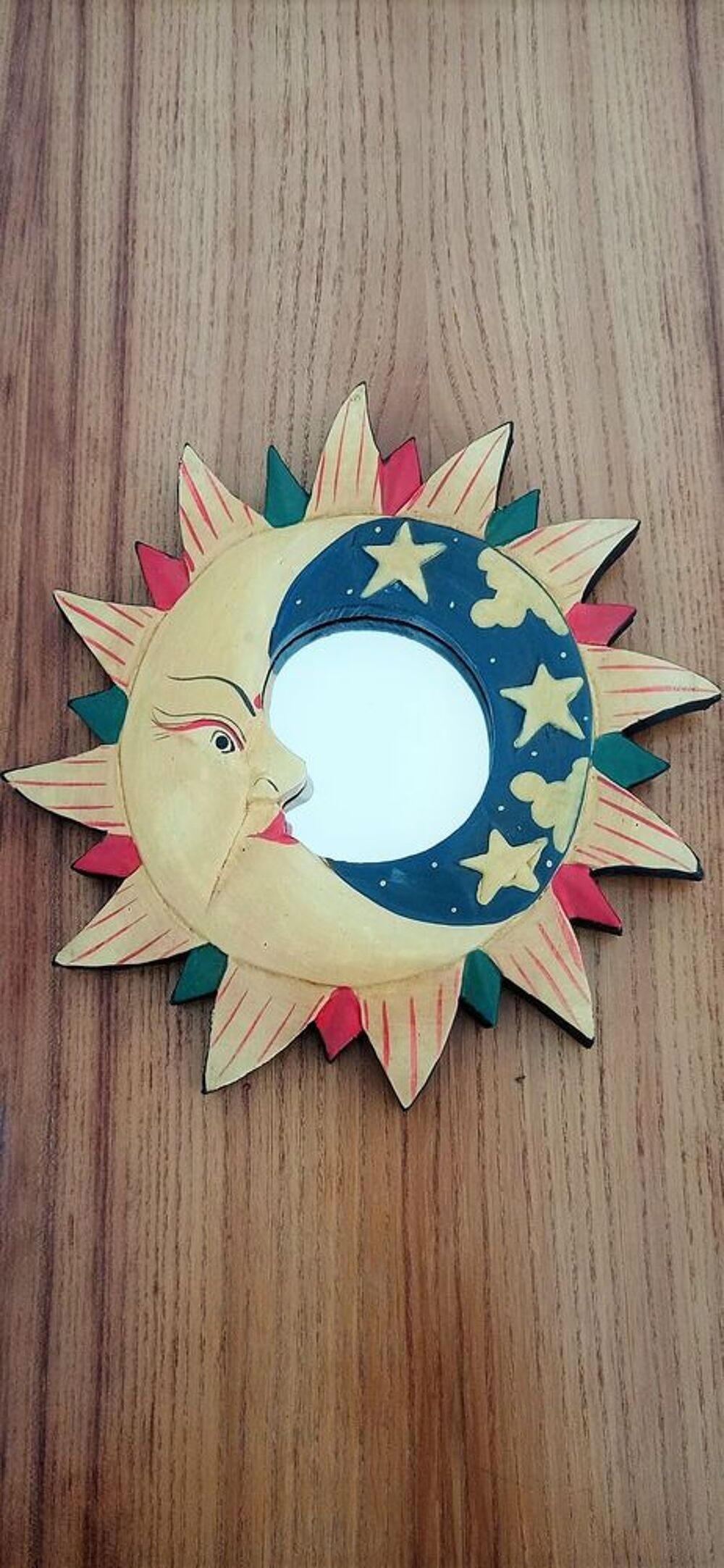 Miroir en bois forme lune-soleil artisanat vintage Dcoration