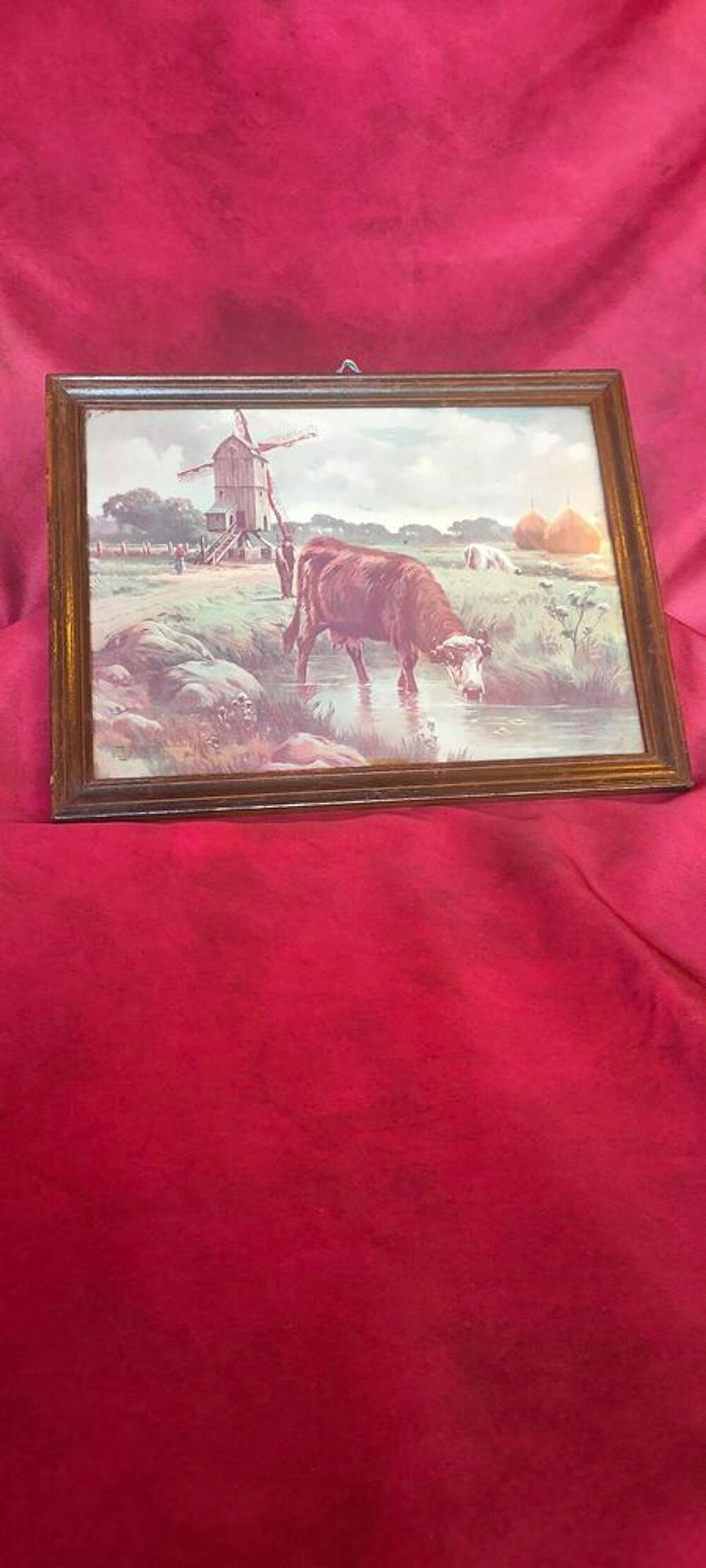 Ancien tableau paysage moulin et vaches Décoration