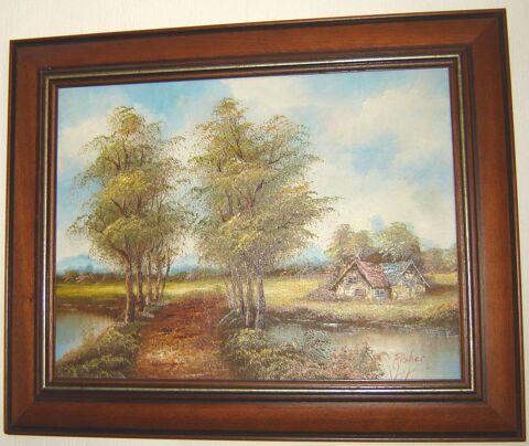 Tableau ancien paysage a l'huile signé fisher 65 Aromas (39)