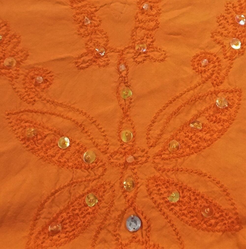 haut orange esprit boh&egrave;me brod&eacute; - strass &eacute;tat neuf - T 40 Vêtements
