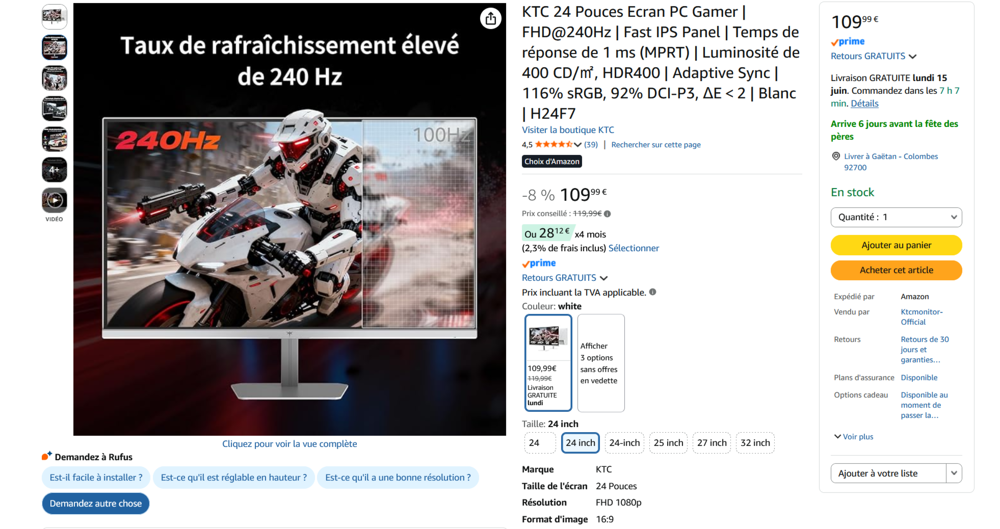 Ecran gaming KTC 24 pouces 240Hz Matériel informatique