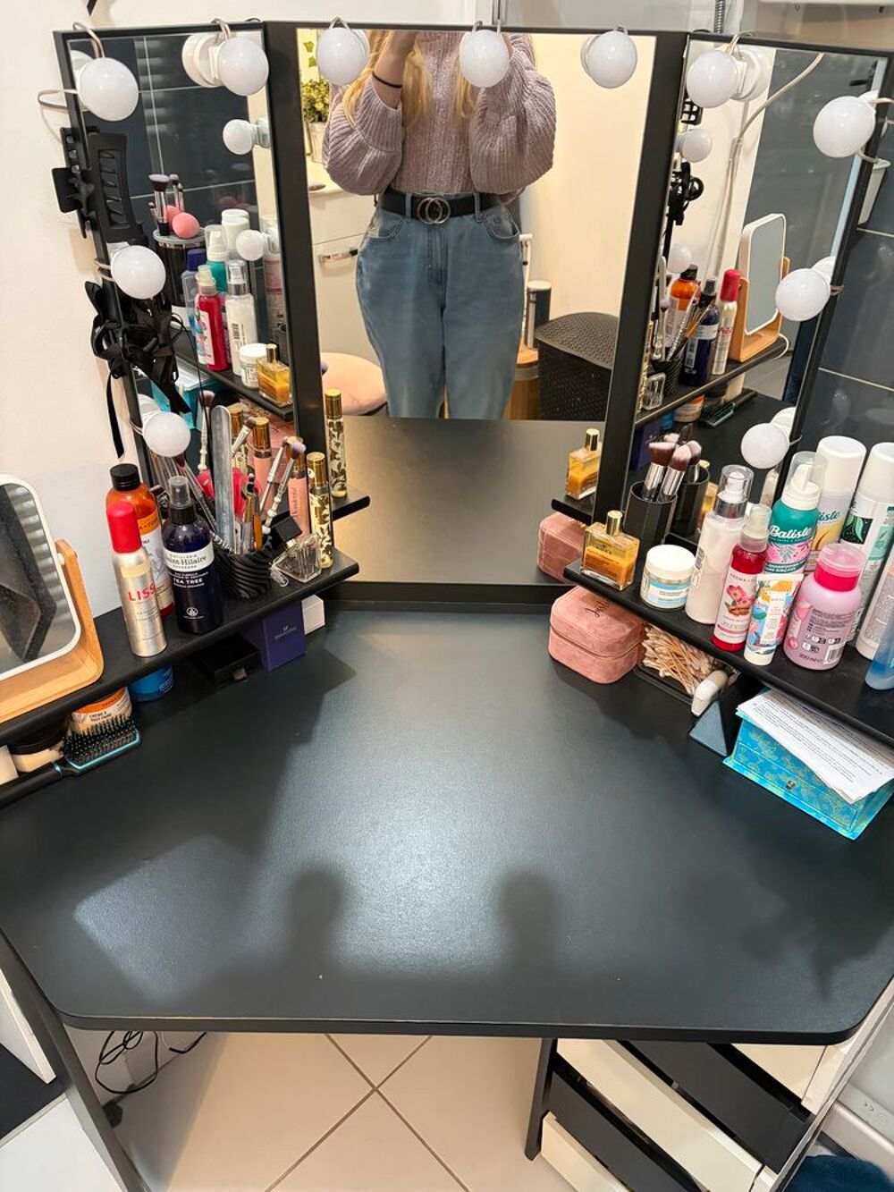 Coiffeuse d'angle noire avec miroir et tiroirs Meubles
