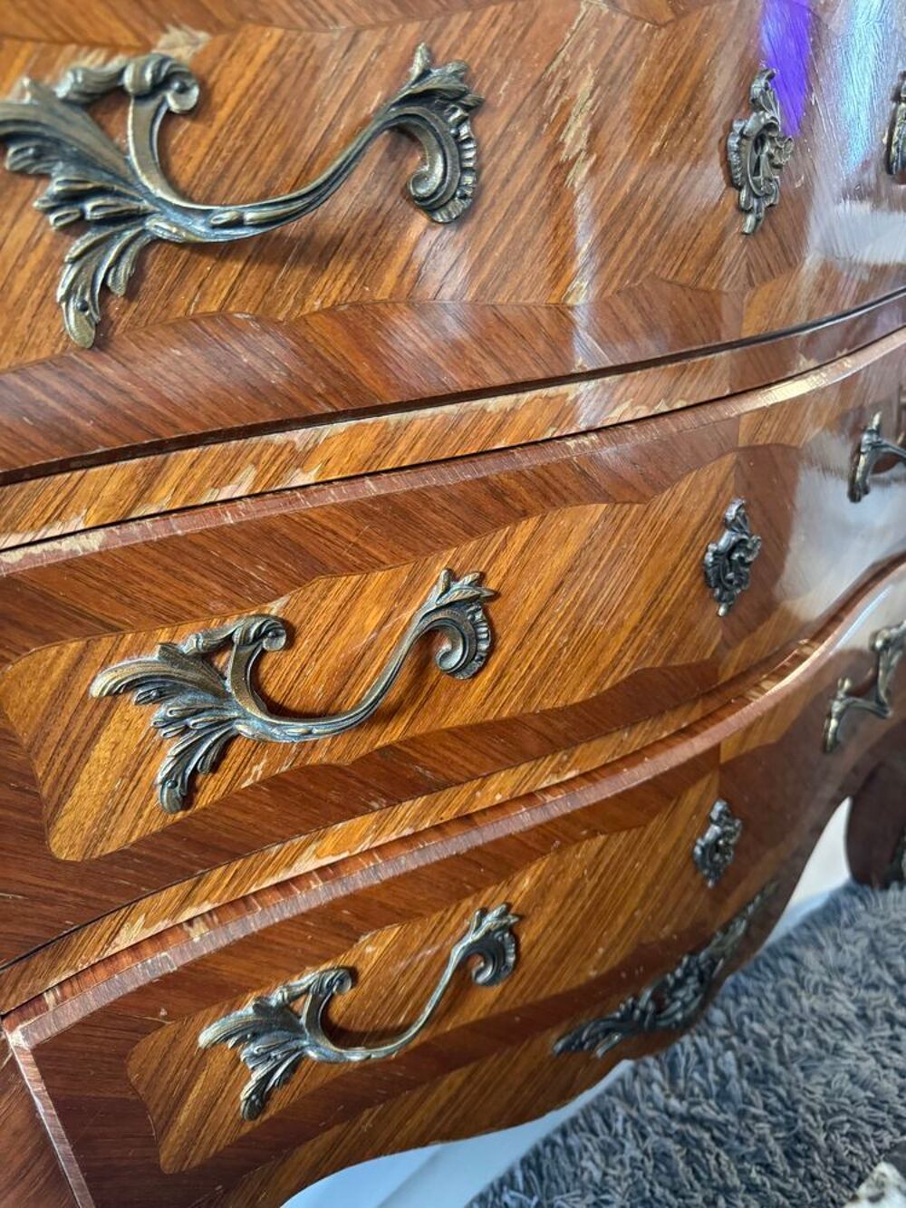 Commode ancienne style Louis XV €" Marqueterie, marbre, 3 tiroirs Meubles