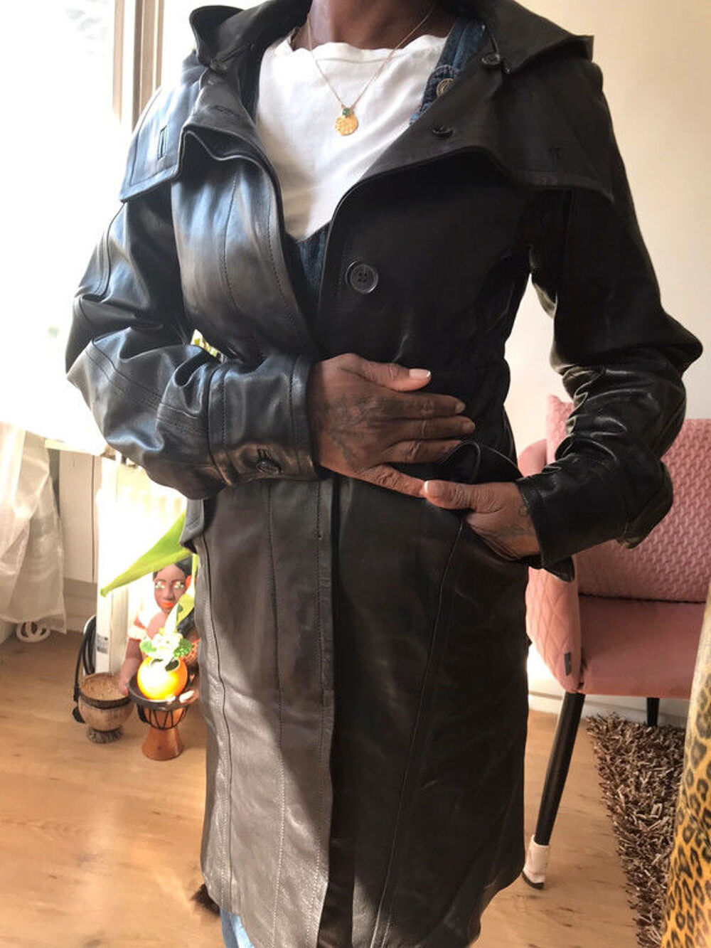 Manteau femme C&eacute;line en cuir noir, excellent &eacute;tat Vêtements