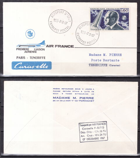 Timbres-FDC-1ere liaison Paris-Teneriffe par Caravelle 1967 4 Lyon 5 (69)