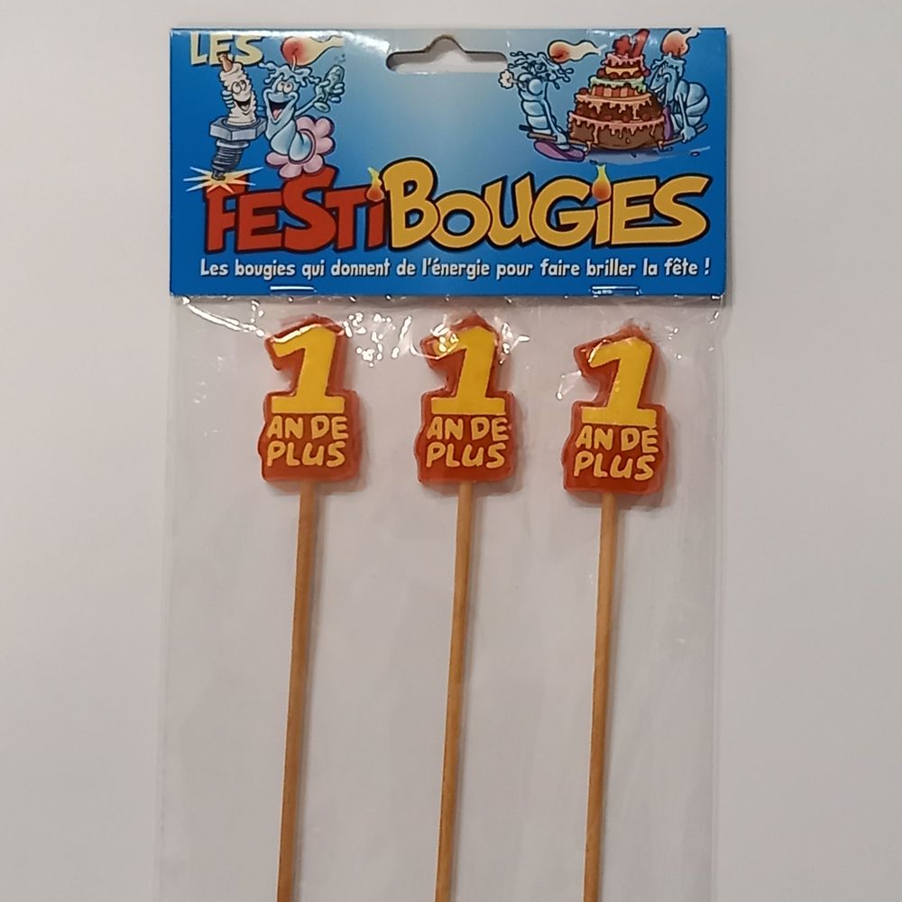 Lot de 3 bougies anniversaire sur grand pique en bois, 1 an Décoration