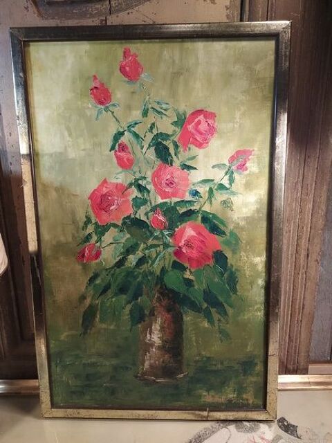 Tableau Peinture Bouquet de Roses Rouges Vers 1960.  70 Loches (37)