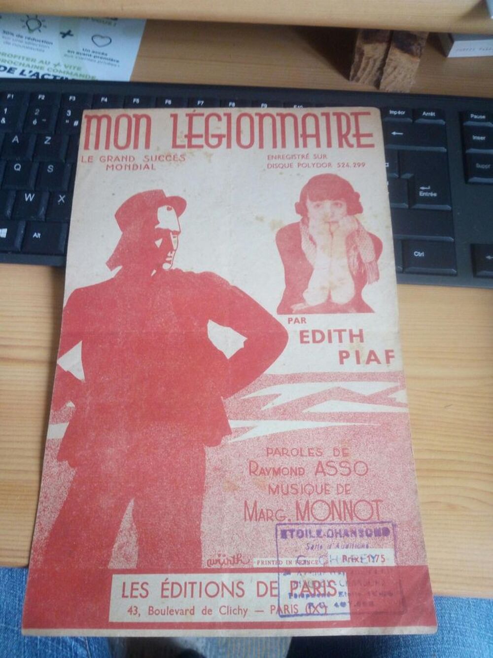 ANCIENNE PARTITION MON LEGIONNAIRE PAR EDITH PIAF 