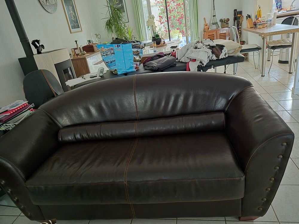 Salon colonial lot de 2 canap&eacute;s 3p et 2 p en cuir marron Meubles