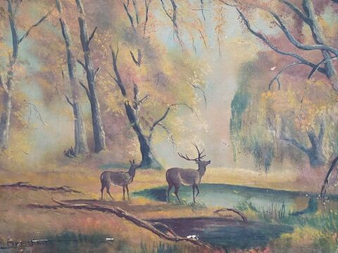 Ancien Tableau Cerf et Biche en Forêt 1 Loches (37)