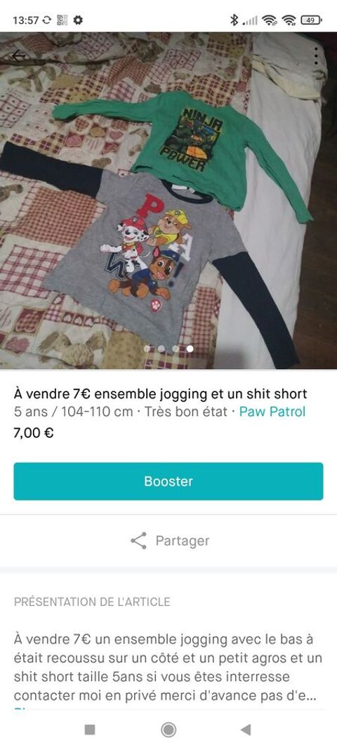 A vendre6€ ensemblepawpatrol et un shit short manches longue 6 Accolay (89)