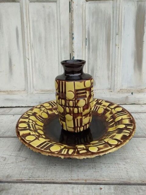 Vase Plat Cramique vintage Dcor Gomtrique Brun Jaune 0 Loches (37)