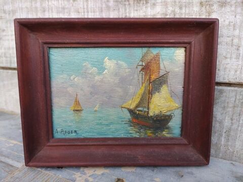 Tableau Peinture Miniature Marine Voilier Sign�e A. Roger 65 Loches (37)