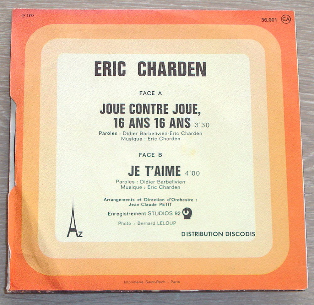ERIC CHARDEN -45t- JOUE CONTRE JOUE 16 ANS 16 ANS - 1977 CD et vinyles