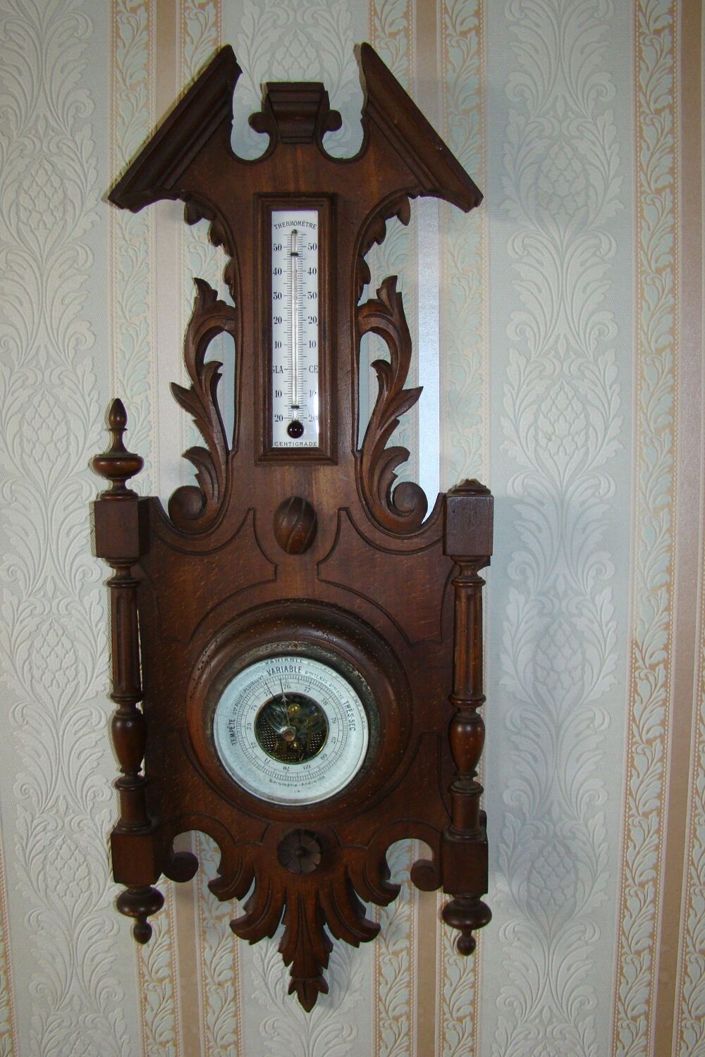 Ancien barom&egrave;tre / thermom&egrave;tre en bois Epoque Napol&eacute;on III Décoration