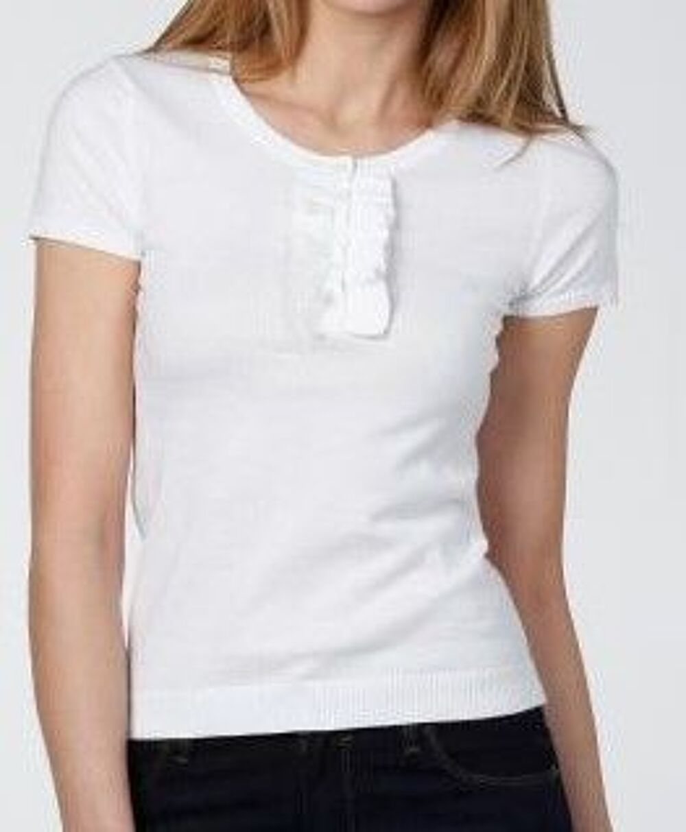 Pull blanc l&eacute;ger &agrave; jabot manches courtes Naf Naf - T 40 Vêtements