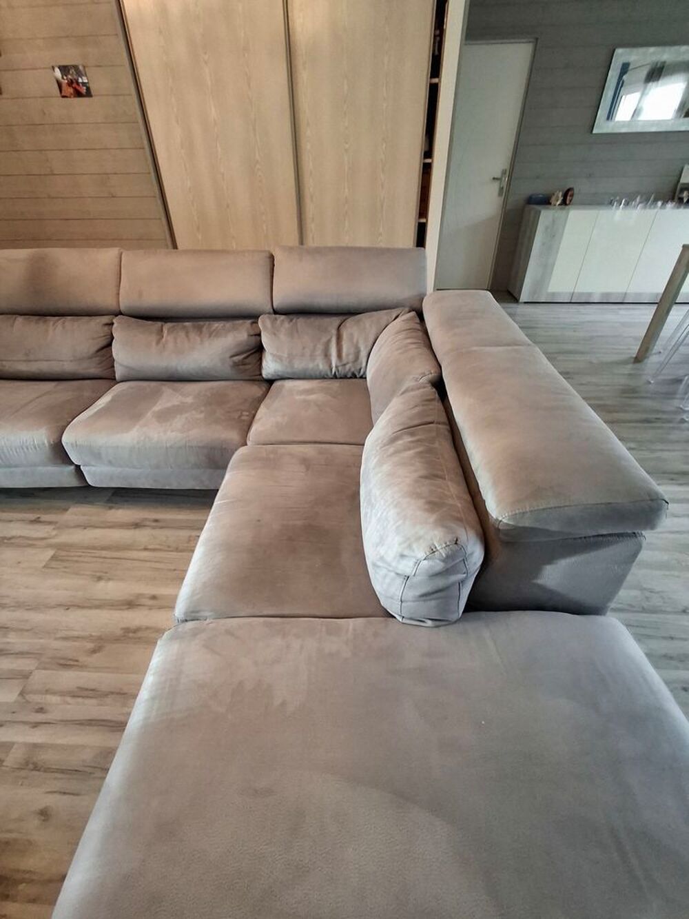 Canap&eacute; 3/ 4 places meridienne avec tetieres tissu gris clair Meubles