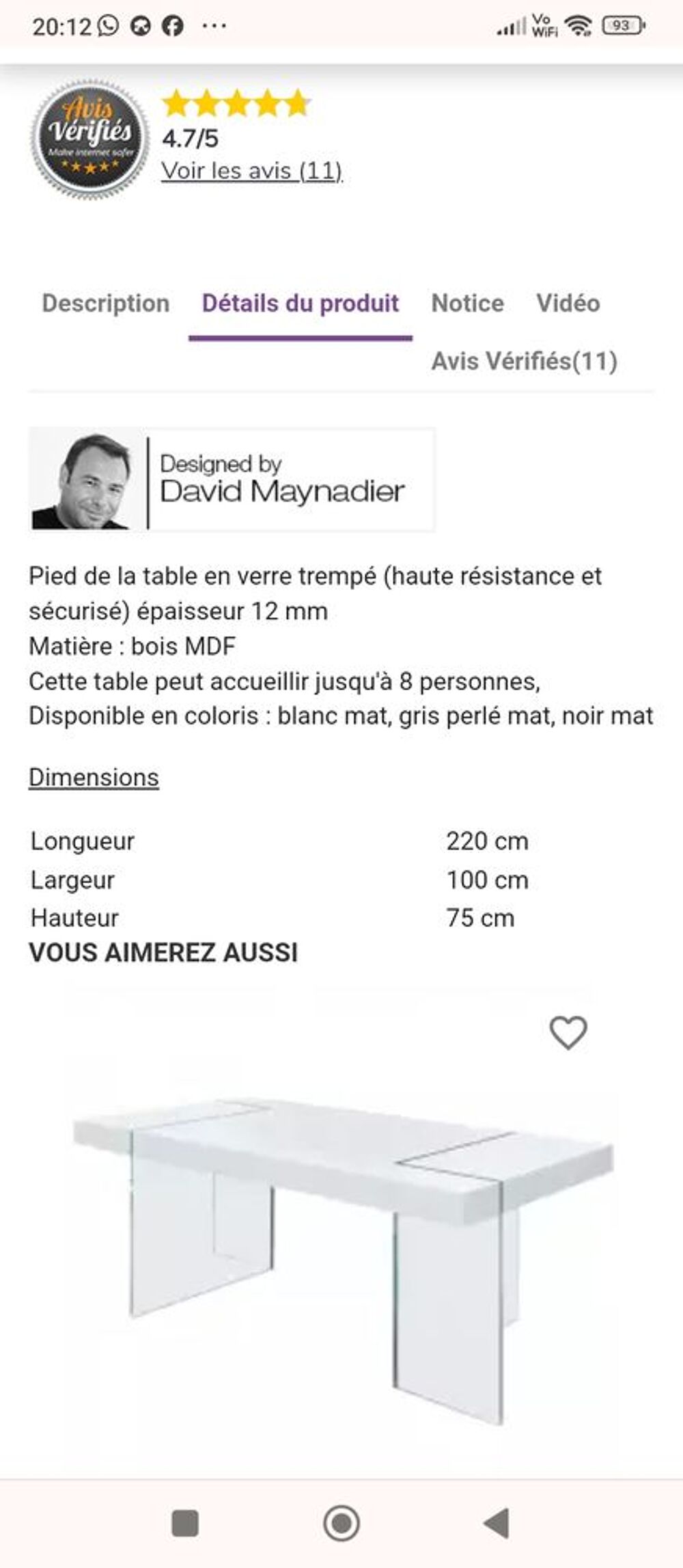 Table moderne blanc laqu&eacute; mat tbe Meubles