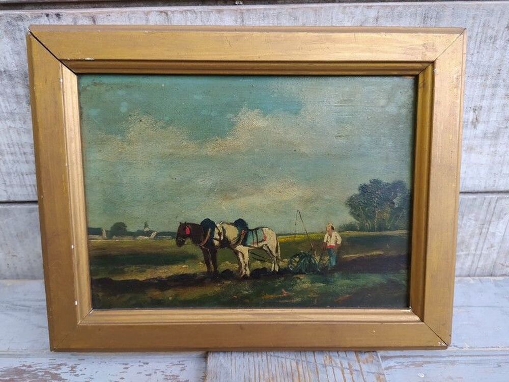 Tableau Sc&egrave;ne Paysanne Chevaux Labours Villiers sur Marne 
