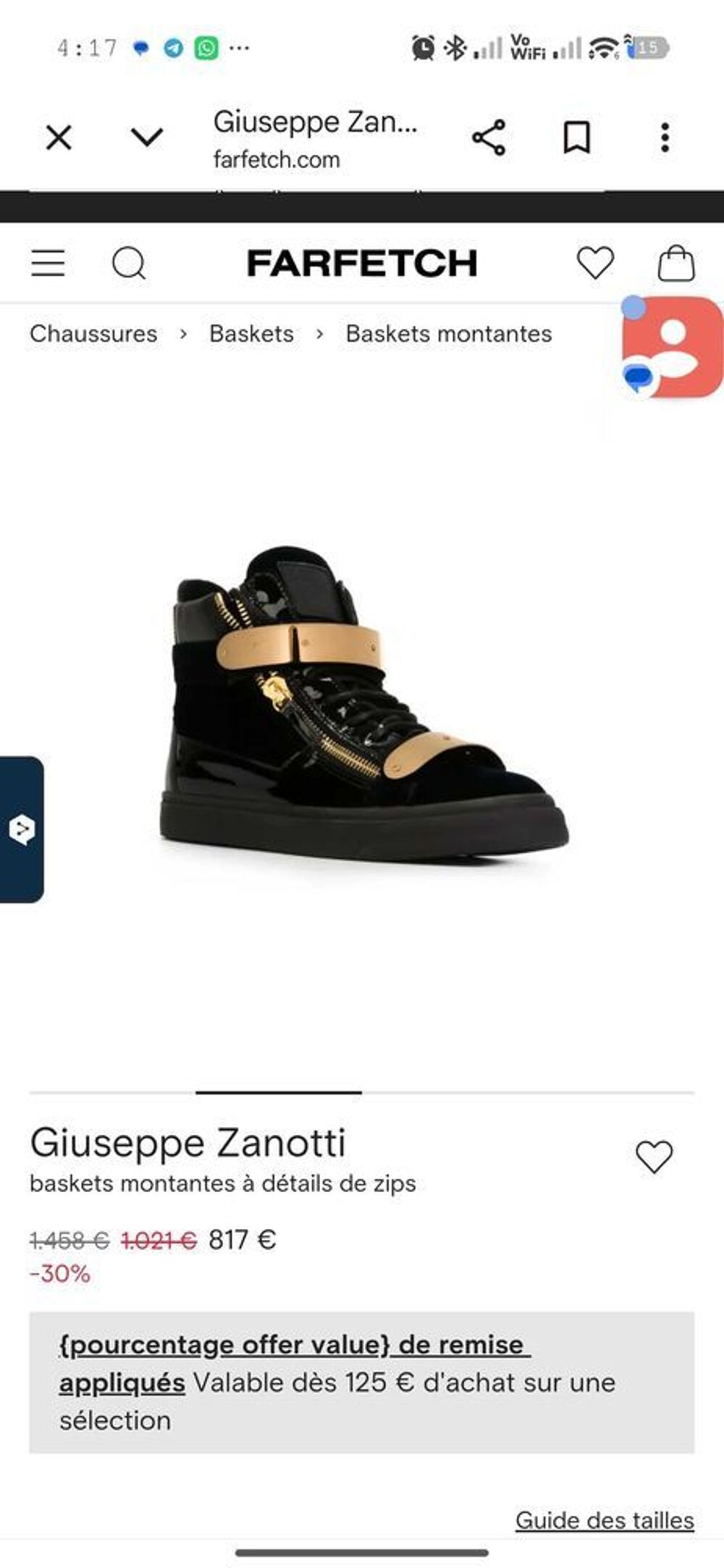 Sneakers Giuseppe Zanotti montante crocodile boucle dor&eacute;e Chaussures