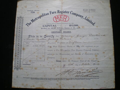 Action de la Société Metropolitan Fare Register Company. 8 Caen (14)