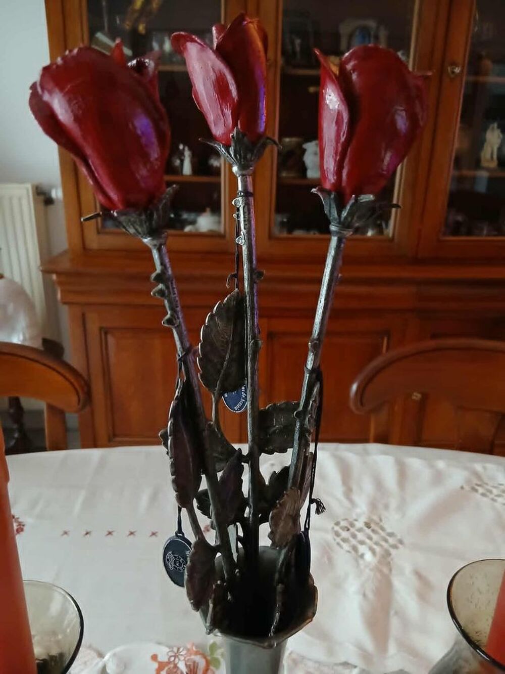  Vase vintage 3 roses &eacute;tain 2 photophores &eacute;tain verre bull&eacute; Décoration
