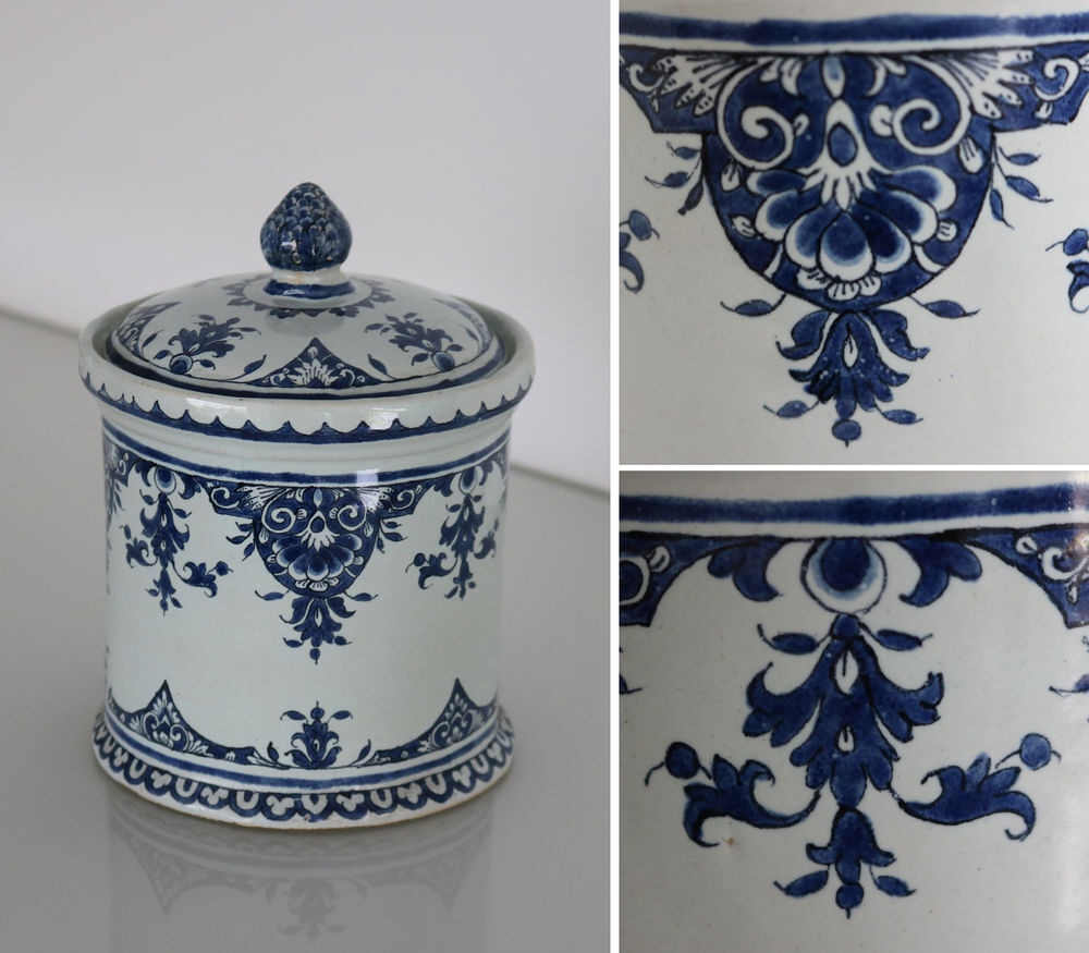 Magnifique pot couvert en fa&iuml;ence, d&eacute;cor cama&iuml;eu bleu, Rouen 