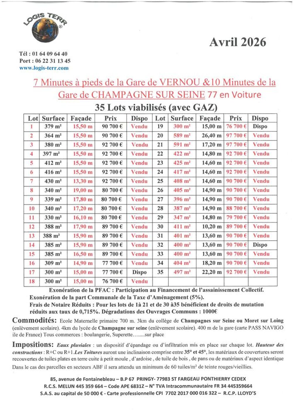 Vente Terrain Terrains à VERNOU-LA-CELLE 77 Pringy