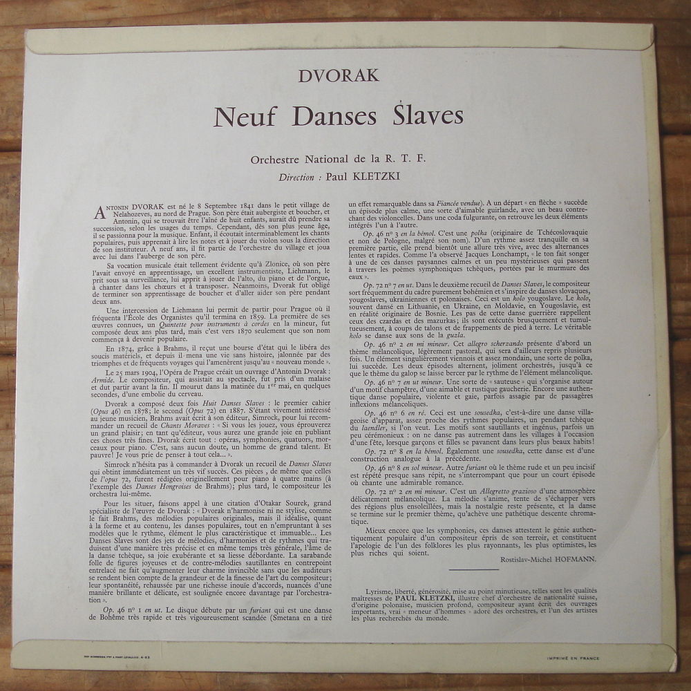 DVORAK - DANSES SLAVES-33t-ORCH NATIONAL RTF-Paul KLETZKI-63 CD et vinyles