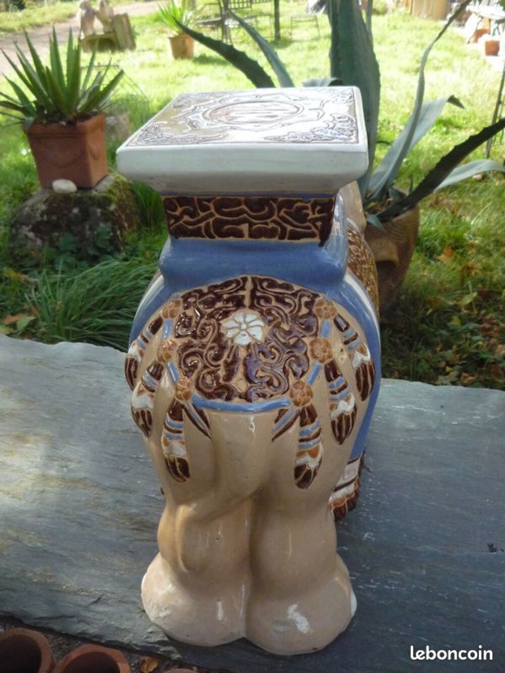 Tabouret / Porte-Plante / &Eacute;l&eacute;phant en C&eacute;ramique &Eacute;maill&eacute;e Décoration