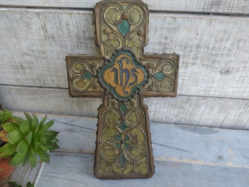 Ancienne Croix Grecque Laiton &Eacute;mail sur Bois Antique Greek 